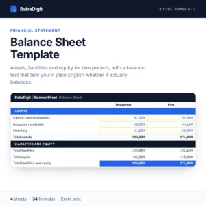 Balance Sheet Template for Excel — two-period balance sheet showing total assets against total liabilities and equity