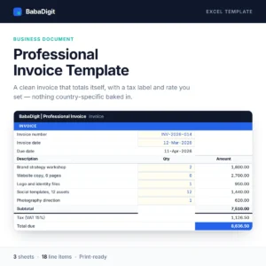Invoice Template Pack for Excel — invoice showing line items, quantities, subtotal, tax and total due