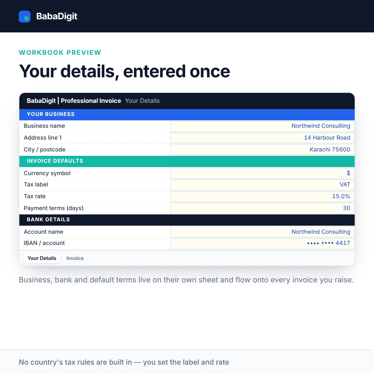 Invoice Template Pack Your Details sheet with business address, tax label, payment terms and bank fields