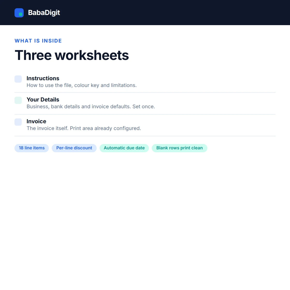 List of the worksheets in the Invoice Template Pack and what each one does