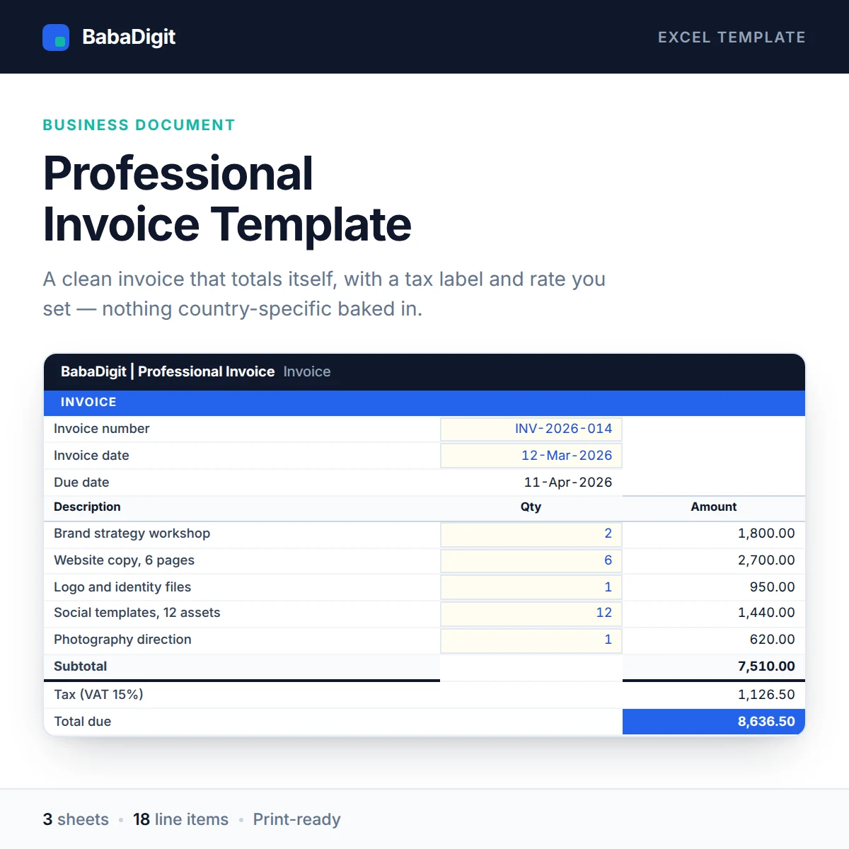 Invoice Template Pack for Excel — invoice showing line items, quantities, subtotal, tax and total due